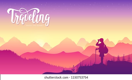 Silhouette yang man stands on the mountain and looks away at sunset design. Man traveling with backpack hiking concept. Summer vacations outdoor alone into the wild illustration 