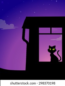 Silhouette of a yellow eyes cat sitting in a room under purple blue sky	