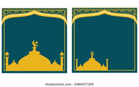 Silhouette a yellow mosque and minarets on green background. Ramadan Kareem greeting card template with mosque. Islamic background design element for many purposes