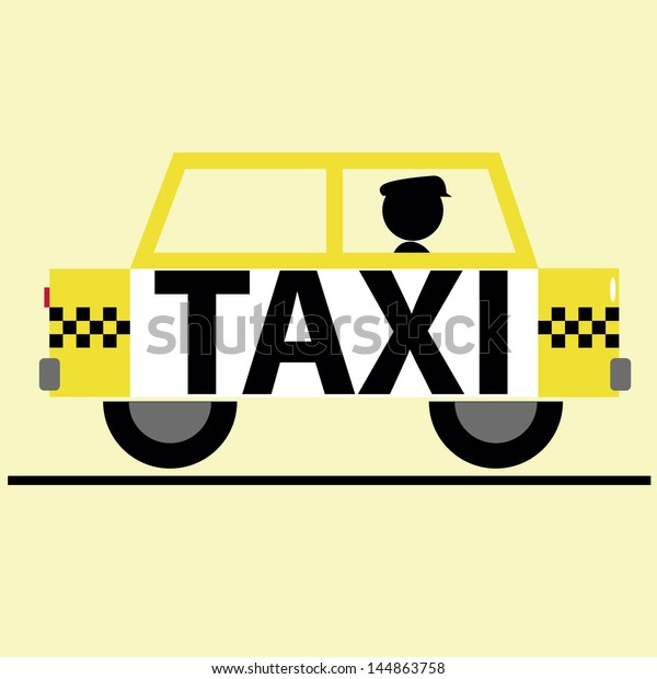 silhouette yellow taxi cab driver with black\
hat with text on pale yellow\
background.