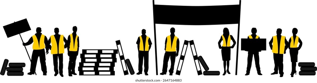 A silhouette of Yellow Vests protesters in France