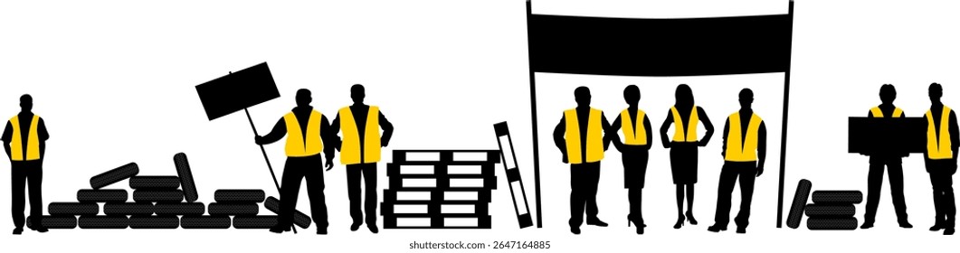 A silhouette of Yellow Vests protesters in France