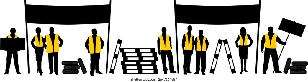 A silhouette of Yellow Vests protesters in France