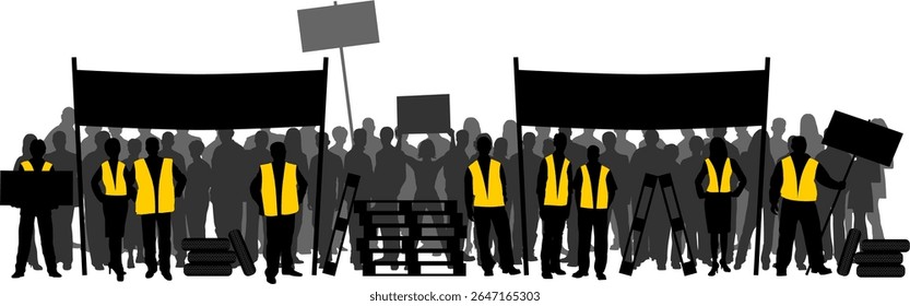 A silhouette of Yellow Vests protesters in France