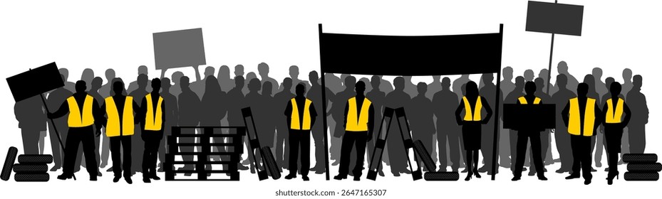 A silhouette of Yellow Vests protesters in France