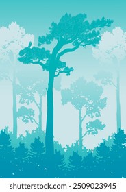 Silueta del cartel del bosque de Yellowstone. Ilustración de árbol estético de paisaje azul degradado.