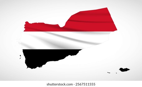 Silhouette of Yemen map filled with the Yemeni flag design, symbolizing national pride, cultural heritage, and geographic identity.  
