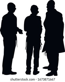 Silhouette. Yeshiva students with a teacher. Young Jews near the synagogue discuss the Torah. Isolated vector illustration Black on white.