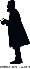 Silhouette. A yeshiva teacher in traditional dress is waiting for students. A man in a coat and headdress near the synagogue. Isolated vector illustration. Black on white.