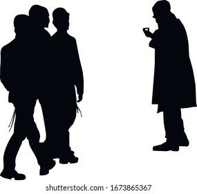 Silhouette. A yeshiva teacher in traditional dress with his students. Young Jews near the synagogue. Isolated vector illustration. Black on white.