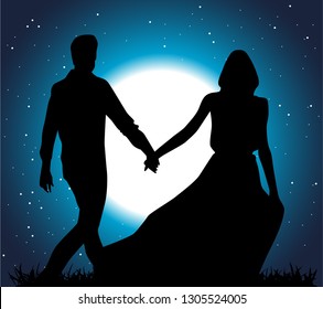 Silhouette of yoang man and girl on a full moon background. Happy Valentines Day. Flyer, banner or poster. Vector illustration.