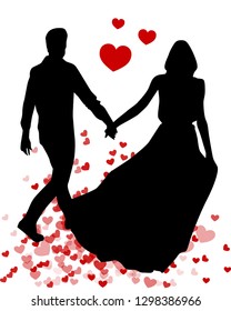 Silhouette of yoang man and woman. Happy Valentines Day. Flyer, banner or poster. Vector illustration.