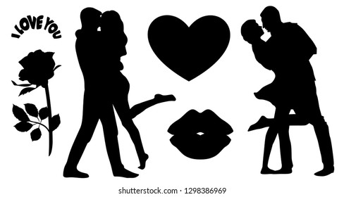 Silhouette of yoang man and woman. Romantic set of hugging and kissing people. Black silhouette jn white. Happy Valentines Day. Flyer, banner or poster. Vector illustration.