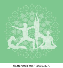 Silhouette of yoga asanas, poses in front of green healing mandala, Vector illustration	
