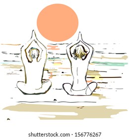 Silhouette yoga couple during sunset on the sea beach. Vector illustration in style of watercolor drawing.