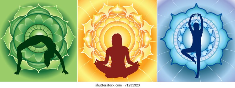 silhouette of yoga girls on bright mandala backgrounds, vector