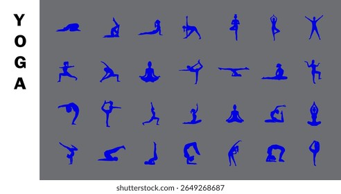 Silhouette of Yoga. Hand drawn blue sketch female yoga. woman practicing yoga pose.