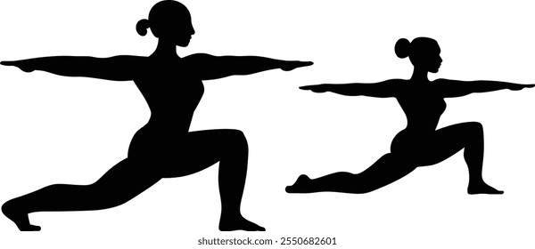 Silhouette of Yoga Instructor in Warrior Pose on White Background, Yoga icon vector art illustration design set, Yoga silhouette posses logo set