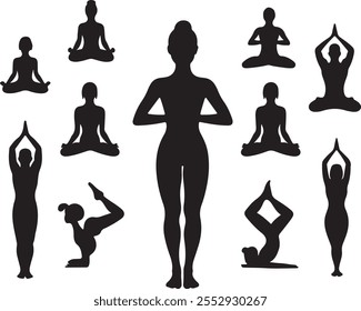 Silhouette of Yoga Instructor in Warrior Pose on White Background, Yoga icon vector art illustration design set, Yoga silhouette posses logo set