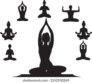 Silhouette of Yoga Instructor in Warrior Pose on White Background, Yoga icon vector art illustration design set, Yoga silhouette posses logo set