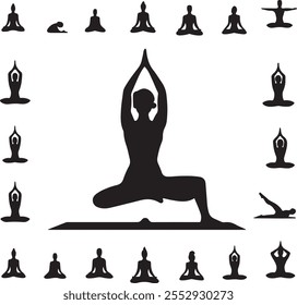 Silhouette of Yoga Instructor in Warrior Pose on White Background, Yoga icon vector art illustration design set, Yoga silhouette posses logo set