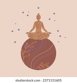 Silhouette Yoga meditating character with sky vector illustration. Human connection with moon, nature, ritual practices, International Yoga Day template, poster, card, print, logo design Boho style