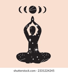 Silhouette  yoga meditating man and phases of the moon. Human connection with the cosmos and moon, ritual practices, International Day of Yoga template, poster, postcard, t-shirt print, poster. Vector