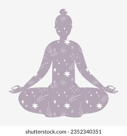 Silhouette yoga meditating man with stars. Human connection with cosmos and moon, ritual practices, International Day of Yoga template, poster, postcard, t-shirt print, logo design. Hand drawn vector 