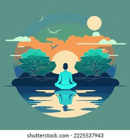 silhouette Yoga and meditation. Retro style meditating in yoga position on the top of mountains. cartoon yoga lotus practices meditation on nature. Vector illustration. tranquility of meditatition 