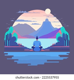silhouette Yoga and meditation. Retro style meditating in yoga position on the top of mountains. cartoon yoga lotus practices meditation on nature. Vector illustration. tranquility of meditatition 