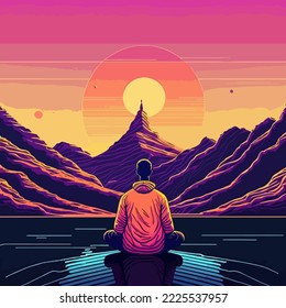 silhouette Yoga and meditation. Retro style meditating in yoga position on the top of mountains. cartoon yoga lotus practices meditation on nature. Vector illustration. tranquility of meditatition 