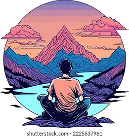 silhouette Yoga and meditation. Retro style meditating in yoga position on the top of mountains. cartoon yoga lotus practices meditation on nature. Vector illustration. tranquility of meditatition 