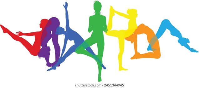 Silhouette yoga pilates women poses set. Active sports people healthy players fitness silhouettes concept.