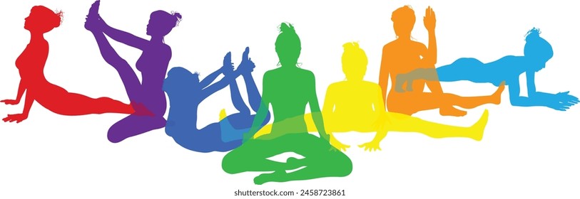 Silhouette yoga pilates women poses set. Active sports people healthy players fitness silhouettes concept.