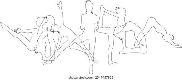 Silhouette yoga pilates women poses set. Active sports people healthy players fitness silhouettes concept.