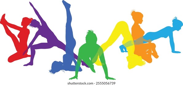 Silhouette yoga pilates women poses set. Active sports people healthy players fitness silhouettes concept.