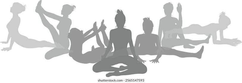 Silhouette yoga pilates women poses set. Active sports people healthy players fitness silhouettes concept.