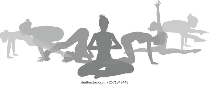 Silhouette yoga pilates women poses set. Active sports people healthy players fitness silhouettes concept.