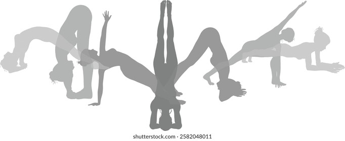 Silhouette yoga pilates women poses set. Active sports people healthy players fitness silhouettes concept.