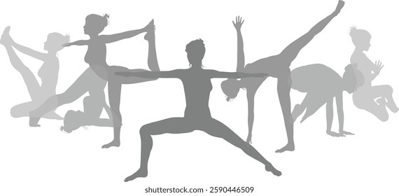 Silhouette yoga pilates women poses set. Active sports people healthy players fitness silhouettes concept.