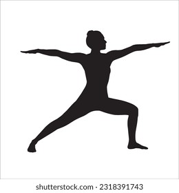 Silhouette Yoga pose vector illustration. Woman practicing yoga, Virabhadrasana or Warrior Pose two