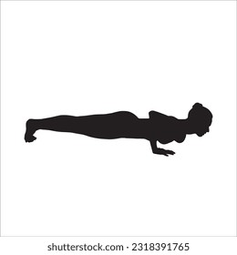 Silhouette Yoga pose vector illustration. Woman performing Chaturanga Dandasana or Four-Limbed Staff pose, also known as Low Plank