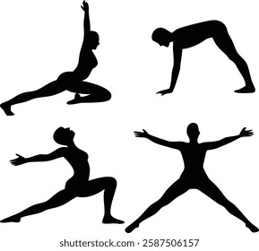 Silhouette Yoga Poses Collection: Warrior, Downward Dog, Star, and Reverse Warrior.