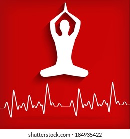  silhouette yoga poses on a red background with cardiogram - vector illustration