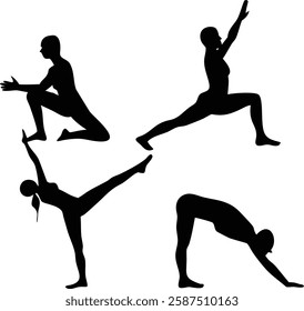 Silhouette Yoga Poses: Warrior, Downward Dog, Balance, and Lunge for Fitness and Wellness.