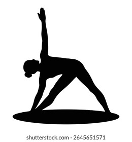 Silhueta de um praticante de Yoga em triângulo Pose demonstrando equilíbrio força e flexibilidade em uma plataforma oval melhorando o compromisso do núcleo.