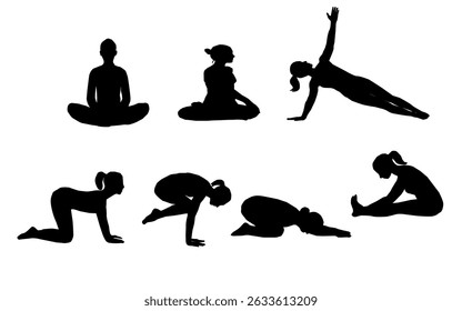 silhouette of yoga. silhouettes of yoga. Silhouttes of a woman. Silhoutte of a woman doing yoga. A collection of black vector silhouettes of women practicing various yoga poses. 