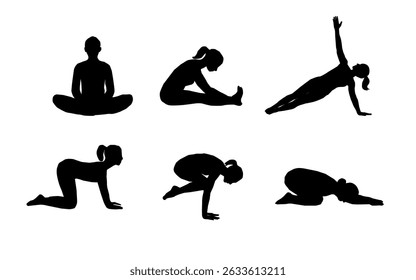 silhouette of yoga. silhouettes of yoga. Silhouttes of a woman. Silhoutte of a woman doing yoga. A collection of black vector silhouettes of women practicing various yoga poses. 