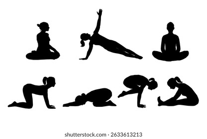 silhouette of yoga. silhouettes of yoga. Silhouttes of a woman. Silhoutte of a woman doing yoga. A collection of black vector silhouettes of women practicing various yoga poses. 