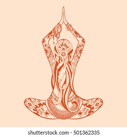 Silhouette of yoga woman with mehendi, zentagle ornament on the rose background.. Vector illustration. Lotus pose. 